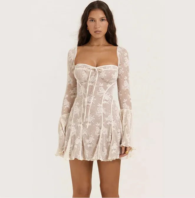 Lace Square Collar Dress Bell - bottom Long Sleeve Tied A - Line Dresses Womens Clothing - ModaFamilies Lace Square Collar Dress Bell - bottom Long Sleeve Tied A - Line Dresses Womens Clothing - ModaFamilies | Product Image or Size Chart