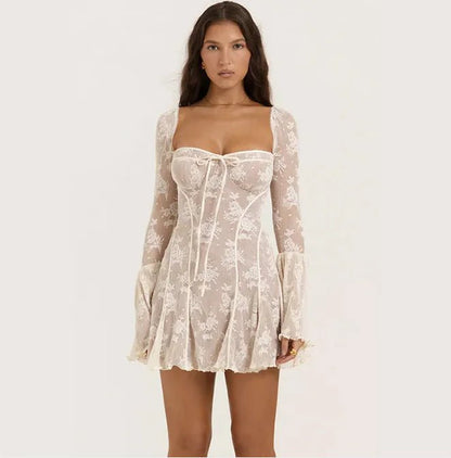 Lace Square Collar Dress Bell - bottom Long Sleeve Tied A - Line Dresses Womens Clothing - ModaFamilies Lace Square Collar Dress Bell - bottom Long Sleeve Tied A - Line Dresses Womens Clothing - ModaFamilies | Product Image or Size Chart