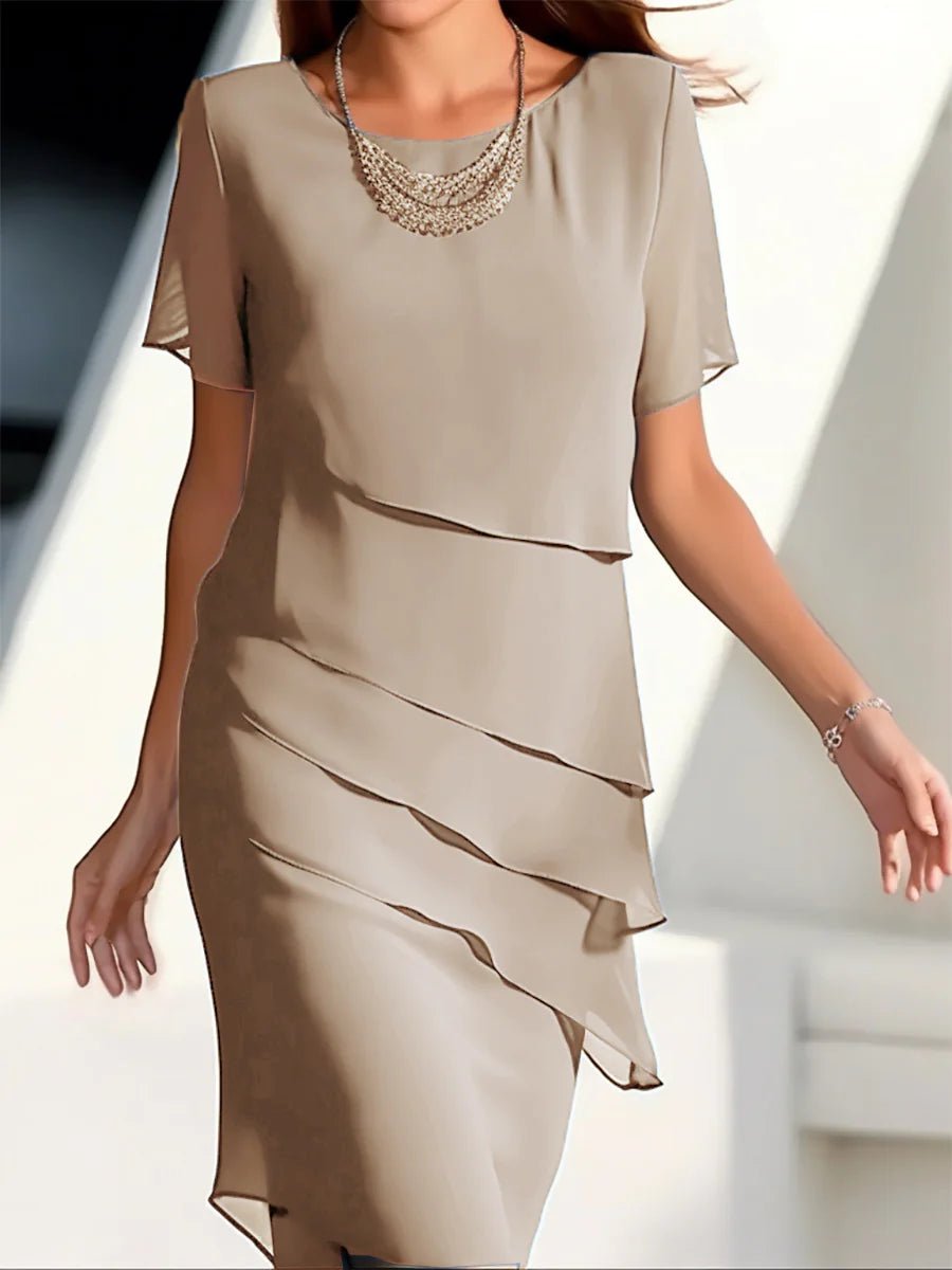 Elegant women's chiffon patchwork dress in neutral beige, offering a classic look with its layered chiffon and graceful fit.