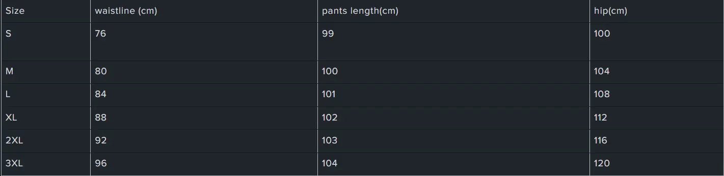 Size chart for high-waisted denim slacks, showing measurements in centimeters for waistline, pants length, and hip across sizes S to 3XL.