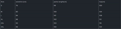 Size chart for high-waisted denim slacks, showing measurements in centimeters for waistline, pants length, and hip across sizes S to 3XL.