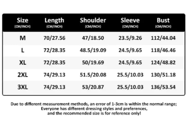 Size chart for women's t-shirt showing shoulder, bust, sleeve, and length measurements from M to 3XL.