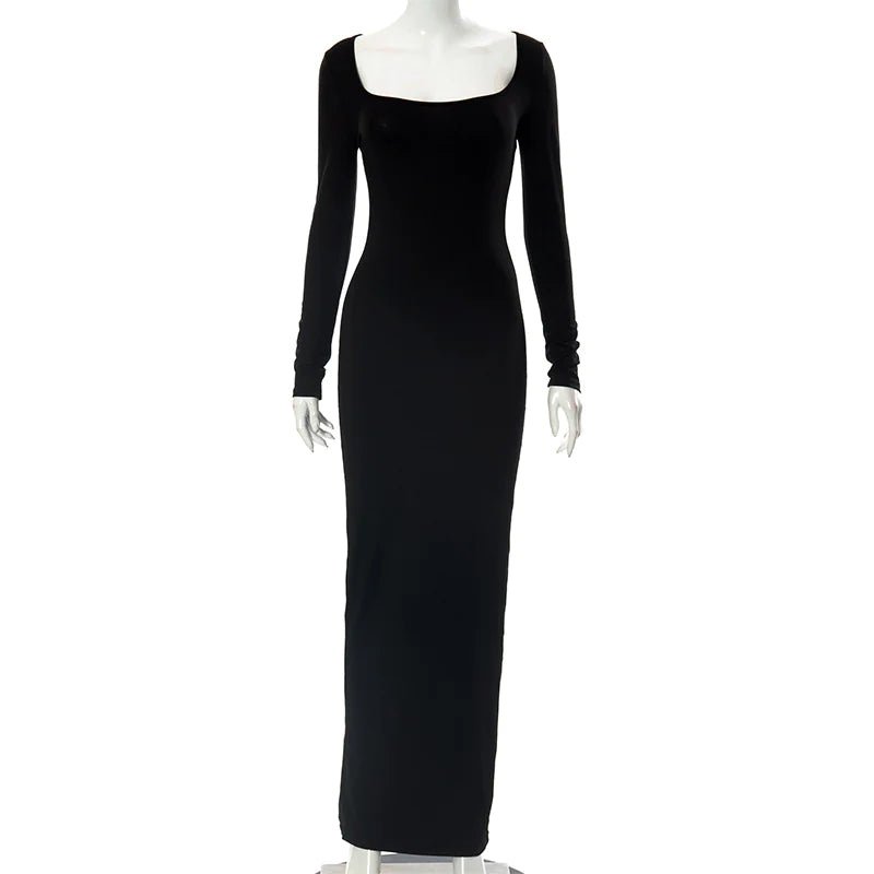 Front view of a black square neck bodycon dress displayed on a mannequin.