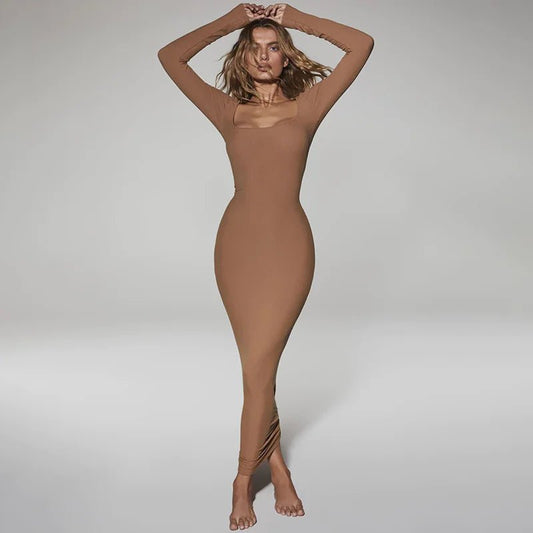 Women's Square Neck Bodycon Dress – Long Sleeve Slim-Fit in Elegant Black
