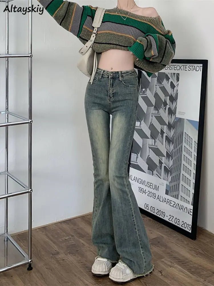 Trendy high-rise denim with wide-leg flare cut