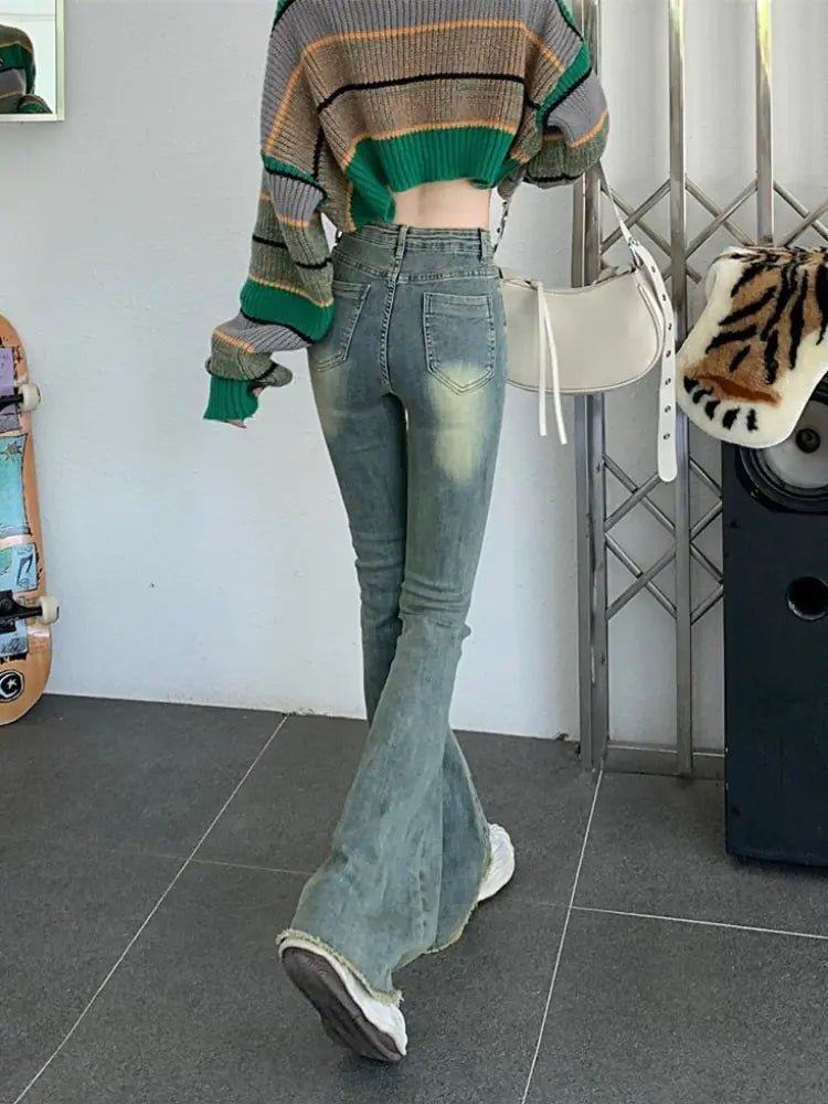 Back view of retro-style flare jeans with flattering fit