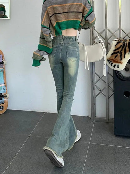 Back view of retro-style flare jeans with flattering fit