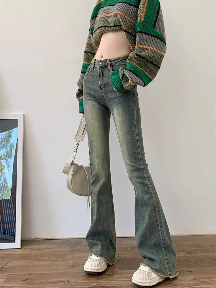 Trendy high-rise denim with wide-leg flare cut