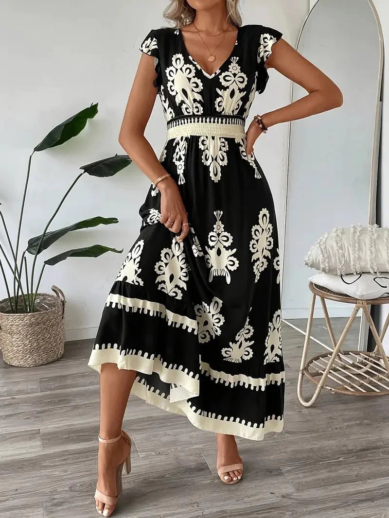 Ruffle V - Neck Cap Sleeve Dress - ModaFamilies Ruffle V - Neck Cap Sleeve Dress - ModaFamilies | Product Image or Size Chart