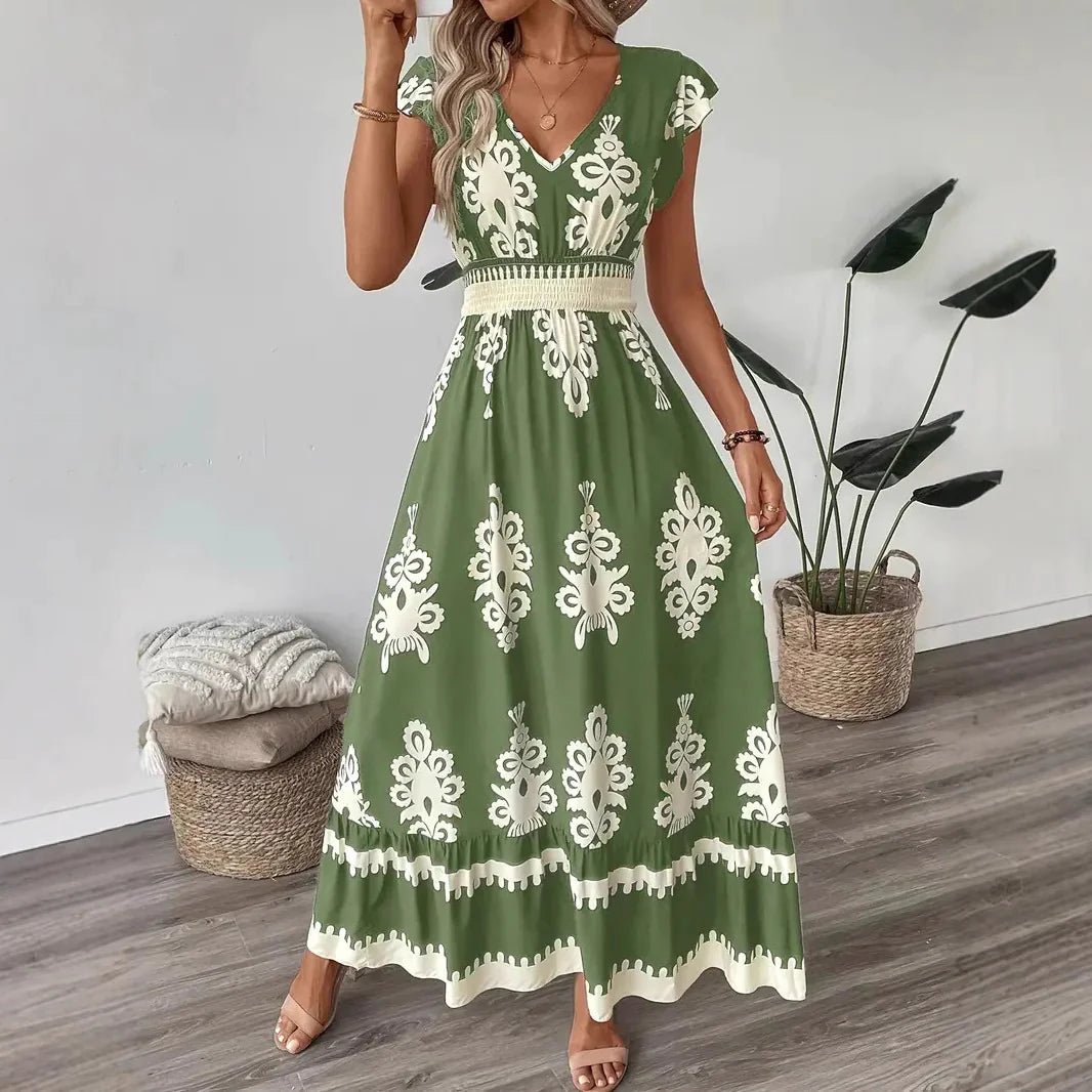 Ruffle V - Neck Cap Sleeve Dress - ModaFamilies Ruffle V - Neck Cap Sleeve Dress - ModaFamilies | Product Image or Size Chart