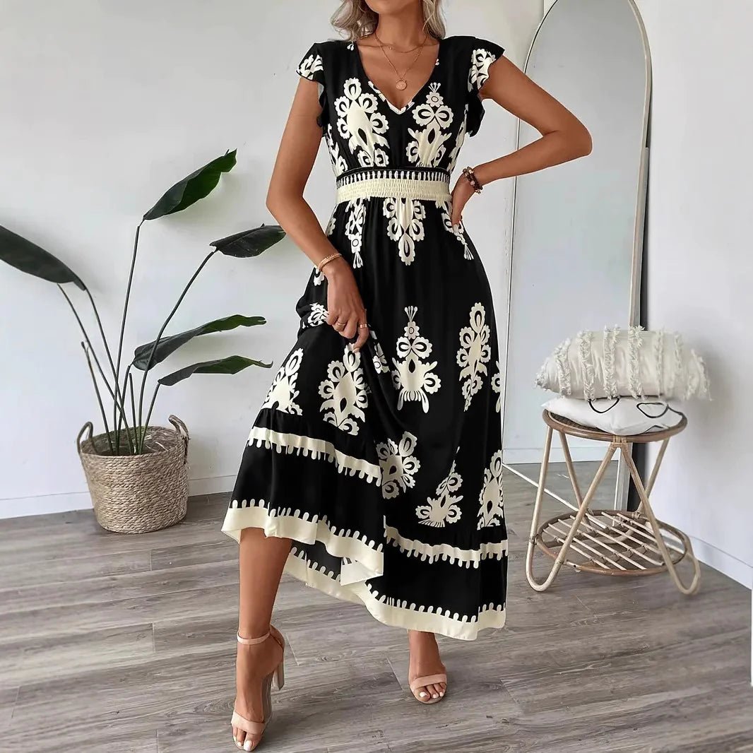 Ruffle V - Neck Cap Sleeve Dress - ModaFamilies Ruffle V - Neck Cap Sleeve Dress - ModaFamilies | Product Image or Size Chart