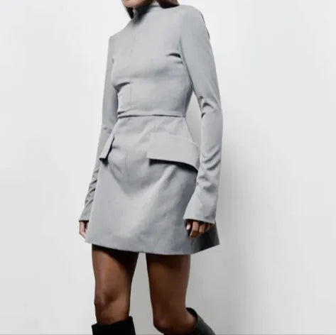 Gray Long-Sleeve Structured Mini Dress with Waist Pocket Detail - Angled View