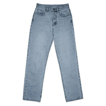 "Flat lay of sculpting high-rise jeans in light blue denim, front view"