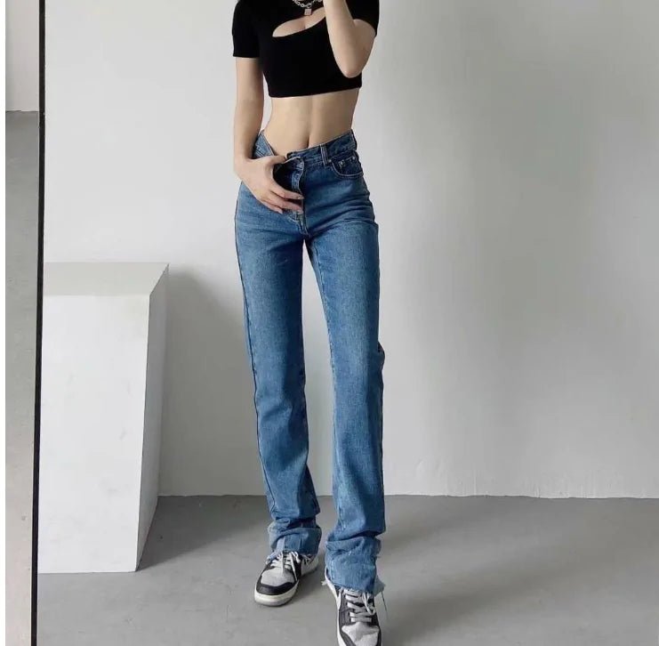 "Side view of sculpting high-rise jeans with casual streetwear styling"