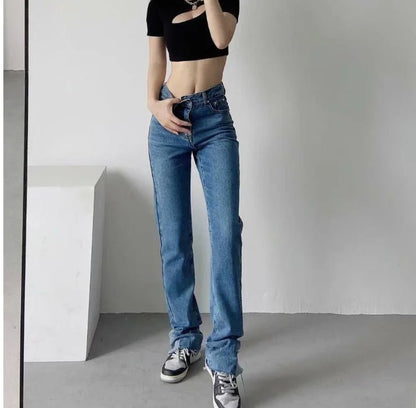 "Side view of sculpting high-rise jeans with casual streetwear styling"