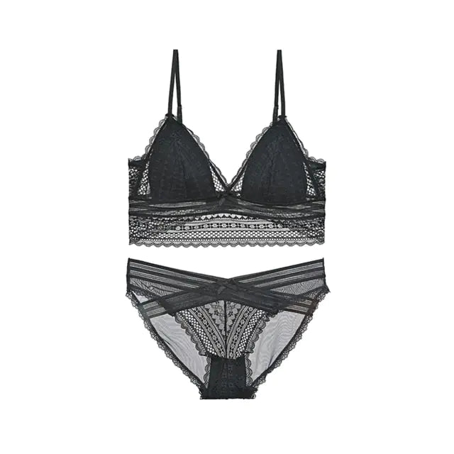  Full view of black TERMEZY lace set laid flat on white background.