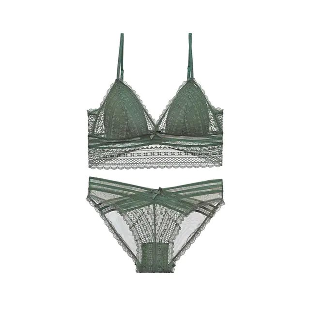  Full view of green TERMEZY lace set laid flat on white background.