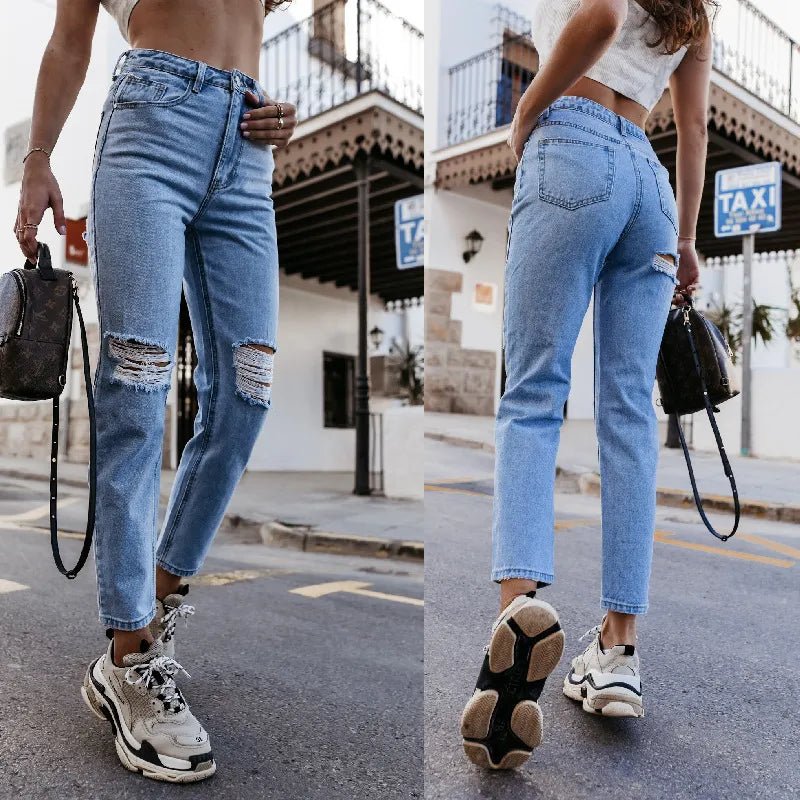 Straight-leg ripped jeans with a clean, fitted silhouette, shown from front and back, ideal for relaxed everyday wear.