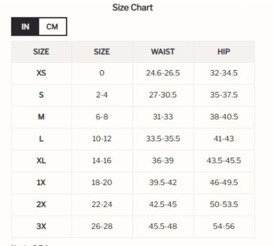Size chart for women’s cargo pants showing waist and hip measurements from XS to 3X in inches and centimeters.