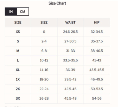 Size chart for women’s cargo pants showing waist and hip measurements from XS to 3X in inches and centimeters.