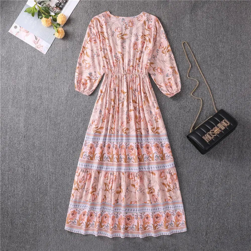 V - neck High Waist Bohemian Mid - length A - line Dress - ModaFamilies V - neck High Waist Bohemian Mid - length A - line Dress - ModaFamilies | Product Image or Size Chart