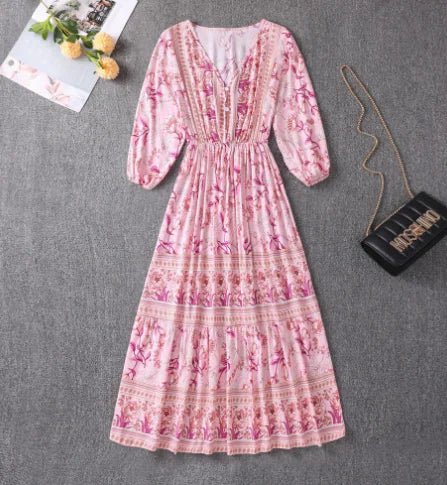 V - neck High Waist Bohemian Mid - length A - line Dress - ModaFamilies V - neck High Waist Bohemian Mid - length A - line Dress - ModaFamilies | Product Image or Size Chart