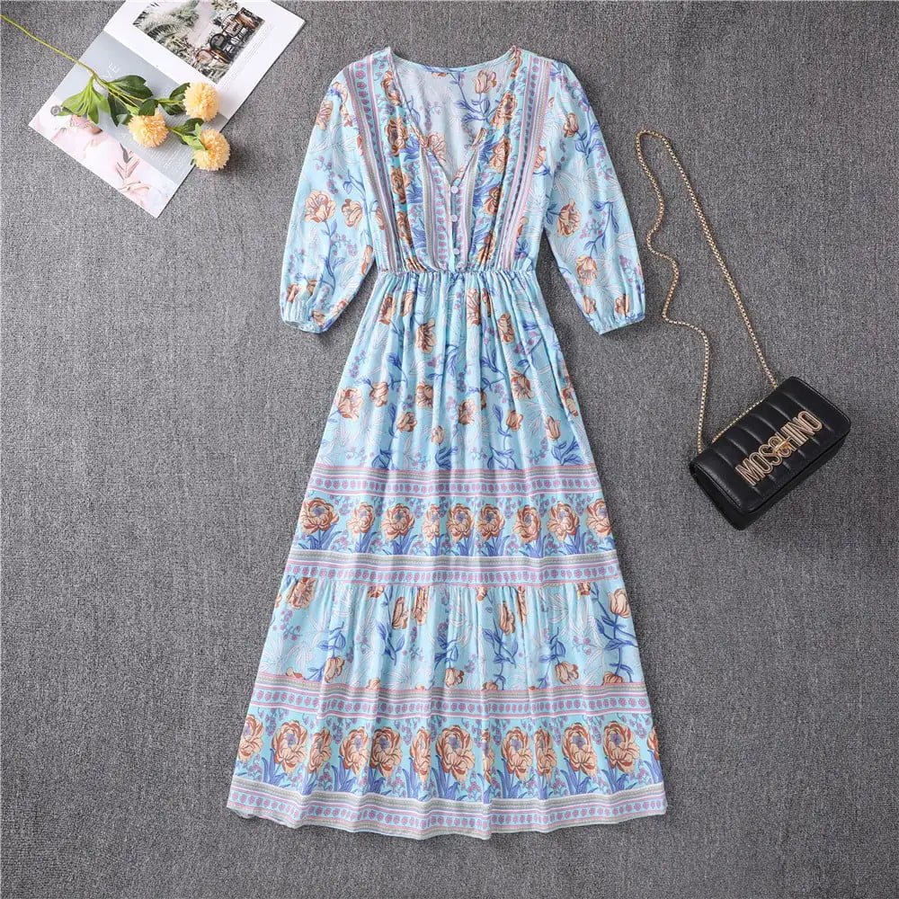 V - neck High Waist Bohemian Mid - length A - line Dress - ModaFamilies V - neck High Waist Bohemian Mid - length A - line Dress - ModaFamilies | Product Image or Size Chart
