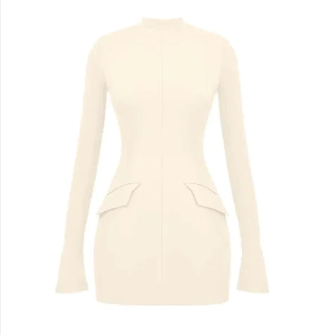 Cream Long-Sleeve Fitted Mini Dress with Waist Flap Pockets - Front View
