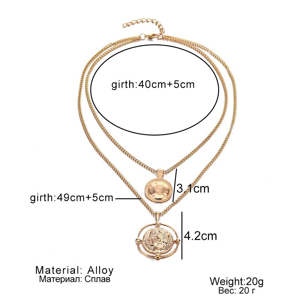 Measurement diagram of a layered vintage coin necklace in gold showing pendant sizes and chain lengths in centimeters.