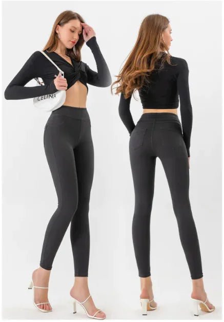 Two women wearing high-waist black denim leggings, shown from front and back angles, styled with long-sleeve crop tops and heels.