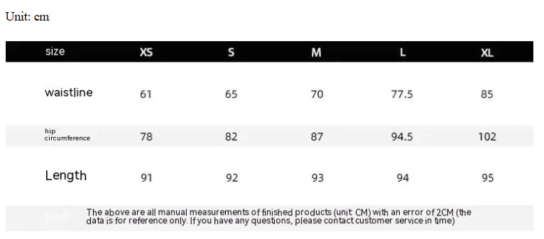 Size chart for women's high-waist denim leggings showing waist, hip, and length measurements across multiple sizes.
