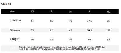 Size chart for women's high-waist denim leggings showing waist, hip, and length measurements across multiple sizes.